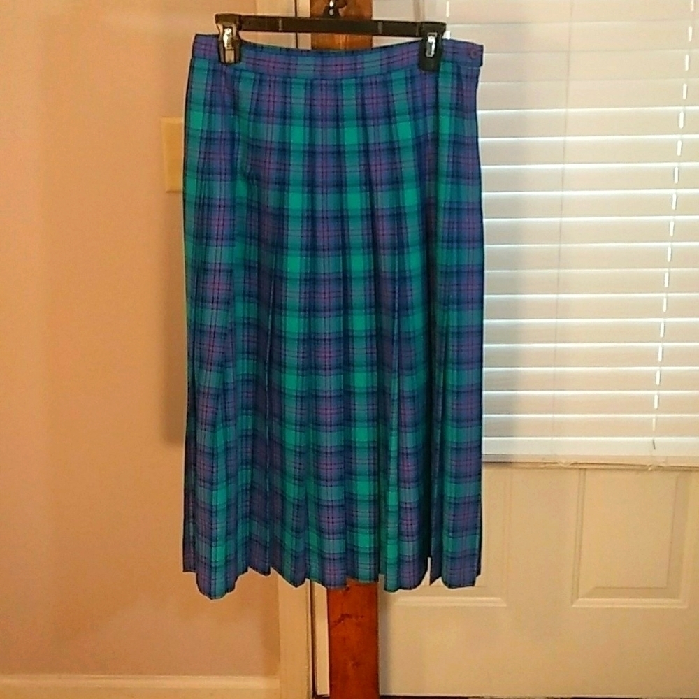 Pendleton Classic Turquoise Flare Pleated Plaid Midi Skirt Size 12 Zipper Button